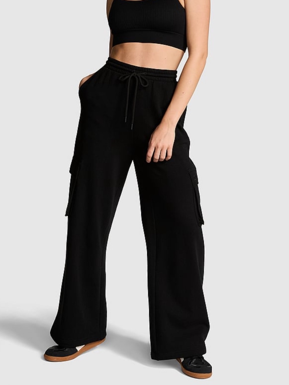 PINK Campus Fleece Wide Leg Cargo Sweatpants - Black